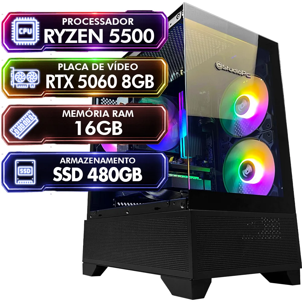 PC Gamer Balão.info Vortex, Preto, Ryzen 5 5500, 16GB RAM, RTX 5060 8GB, SSD 480GB, Fonte 500w, Windows 11 Pro  - 9216435