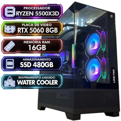 PC Gamer Studiopc Unity, Preto, Ryzen 5 5500x3d, 16GB RAM, Placa RTX 5060 8GB, SSD 480GB, Water Cooler 240mm, Fonte 500w, Windows 11 Pro - 9216435