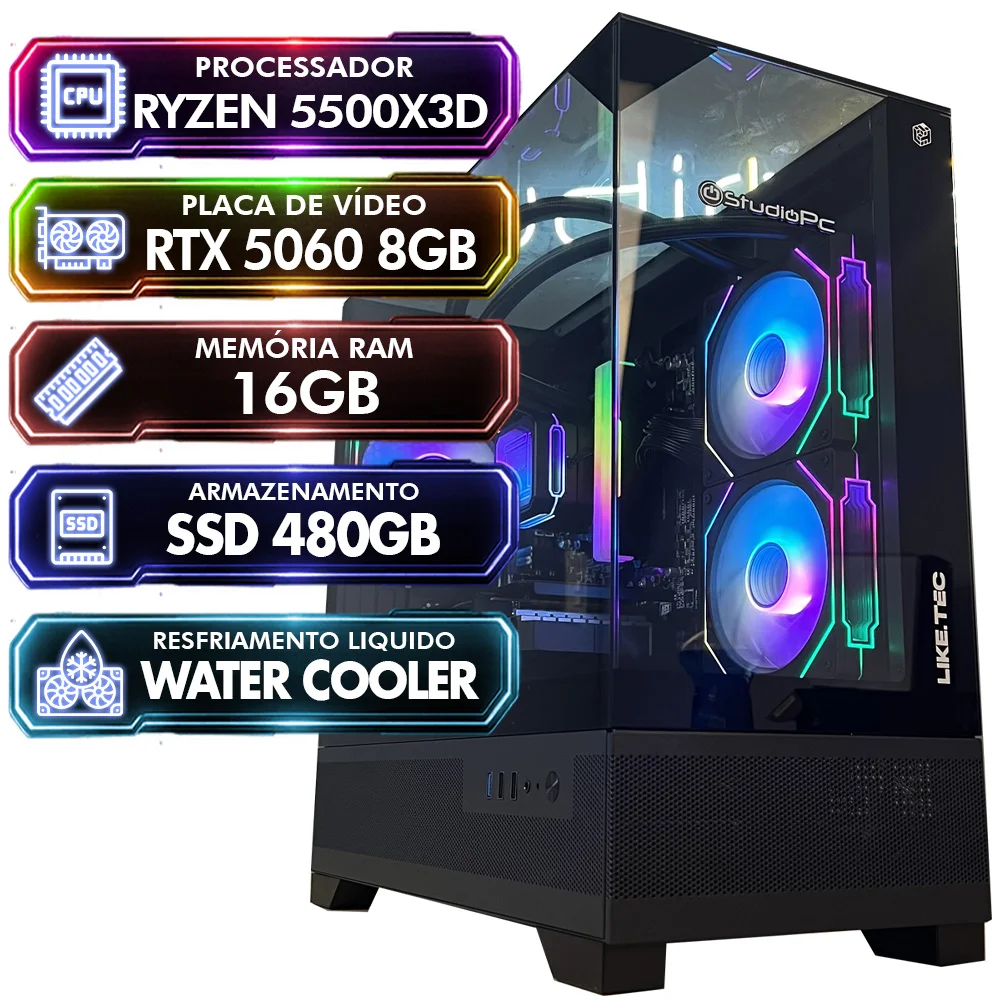 PC Gamer Balão.info Unity, Preto, Ryzen 5 5500x3d, 16GB RAM, Placa RTX 5060 8GB, SSD 480GB, Water Cooler 240mm, Fonte 500w, Windows 11 Pro - 9216435