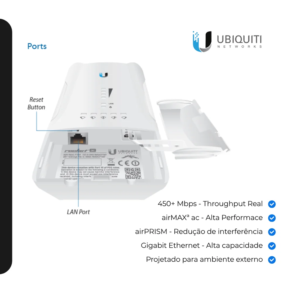Imagem 2 de 5 do produto Access Point Ubiquiti Rocket R5ac-lite Airmax Ac Ptmp 5ghz Gigabit Poe Com 2 Rp-sma Para Uso Externo