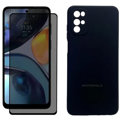 Capa Silicone Aveludada Preta + Película 3d Privacidade Vidro Para Moto G22