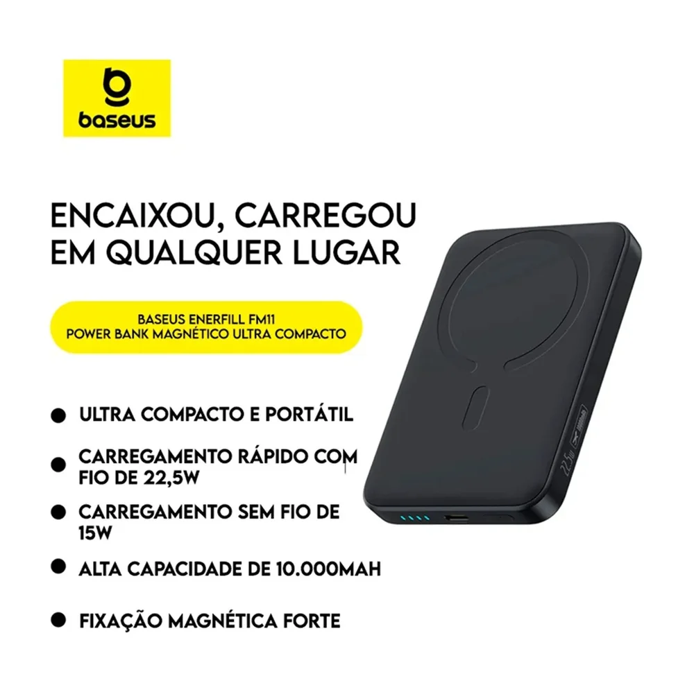 Imagem 3 de 5 do produto Cargador Portatil Powerbank Baseus Enerfill Fm11 22.5w 10.000mah Magsafe Magnético Preto