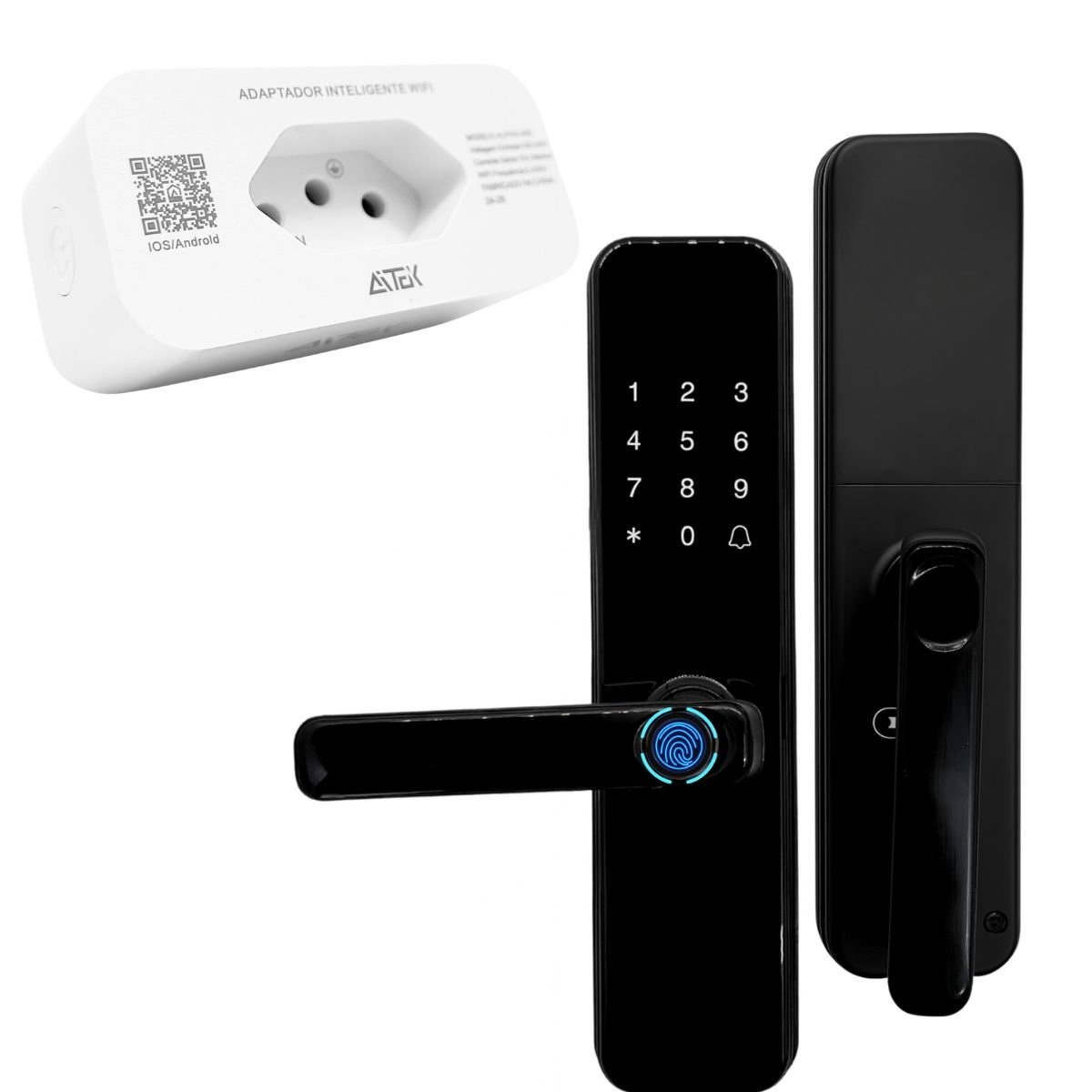 Kit Fechadura Inteligente Biométrica Senha Cartão Chave E Tomada Inteligente Wi-fi 10a Alexa Google