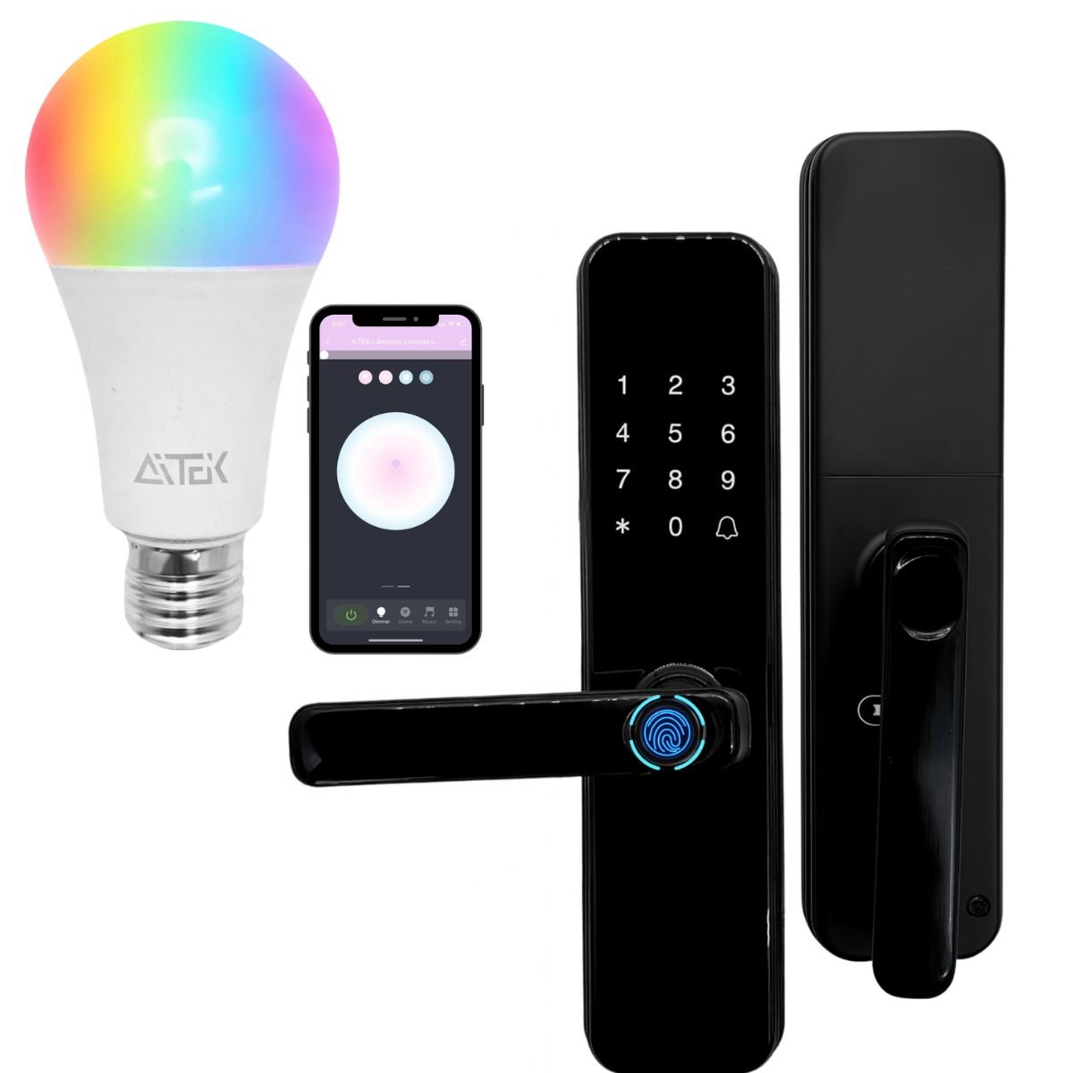 Kit Fechadura Inteligente Biometria Senha Cartão E Lâmpada Smart RGB Wi-fi 9w Alexa Google E27