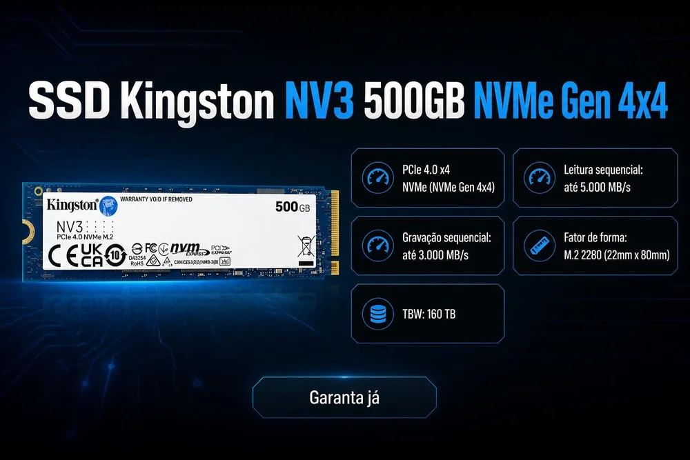 Imagem 2 de 5 do produto SSD Kingston NV3, 500 GB, M.2 2280, PCIe 4.0 x4, NVMe, Leitura: 5000 MB/s, Gravação: 3000 MB/s, Azul - SNV3S/500G