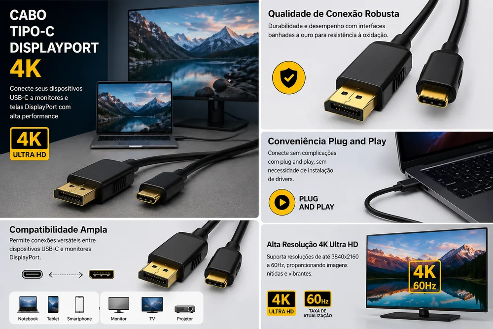 Imagem 5 de 5 do produto Cabo Tipo C Para Displayport 4k 144hz 1.8m Thunderbolt Alta Velocidade E Áudio Sem Perda
