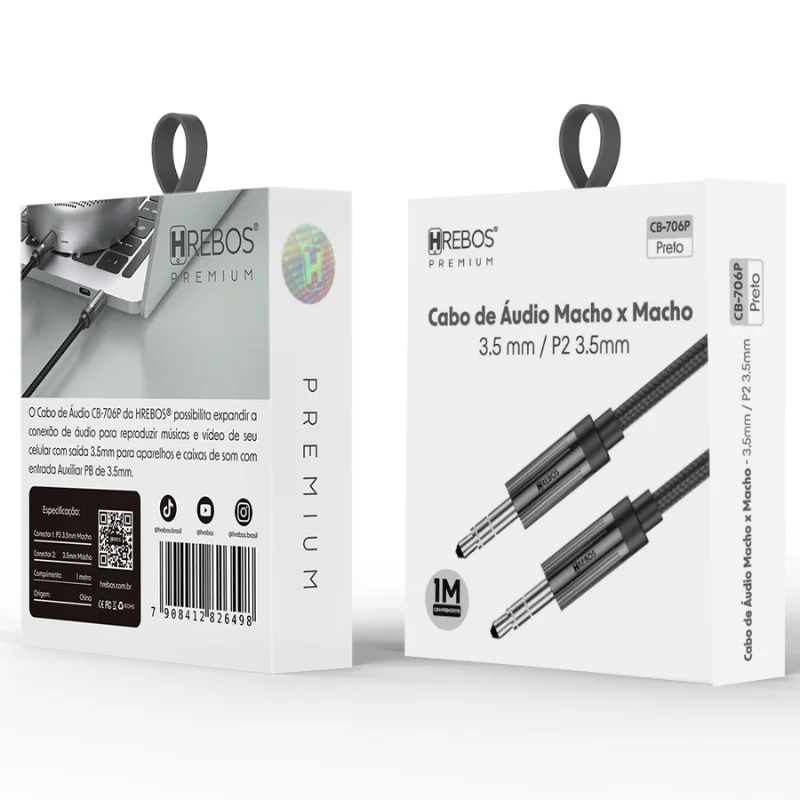 Imagem 3 de 5 do produto Cabo Auxiliar Áudio P2 1m Hrebos Premium Cb-706p – Alta Qualidade Com Ponta Dourada, Conector Macho X Macho