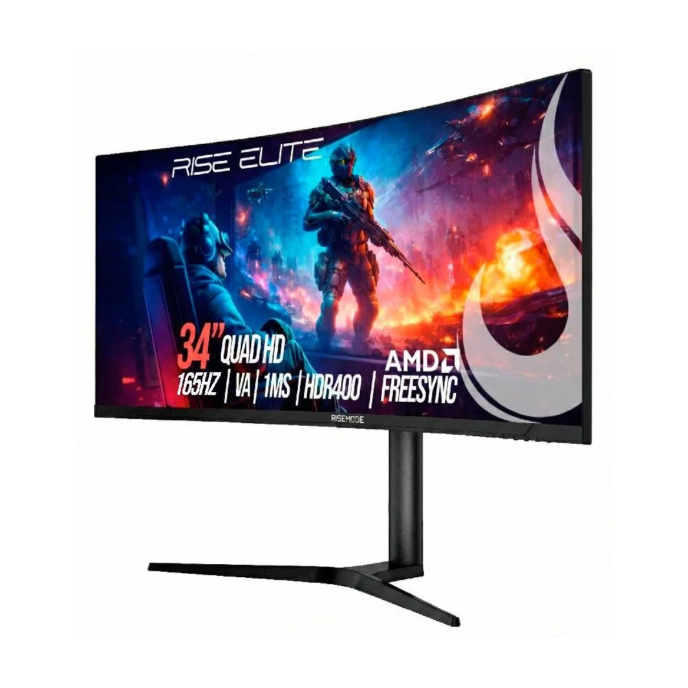 Monitor Gamer Curvo Rise Mode Elite 34", QHD, 165Hz, 1ms, VA, FreeSync, HDR 400, Preto, DisplayPort e HDMI, sRGB 110%  - RM-MOG-34C1652K-B