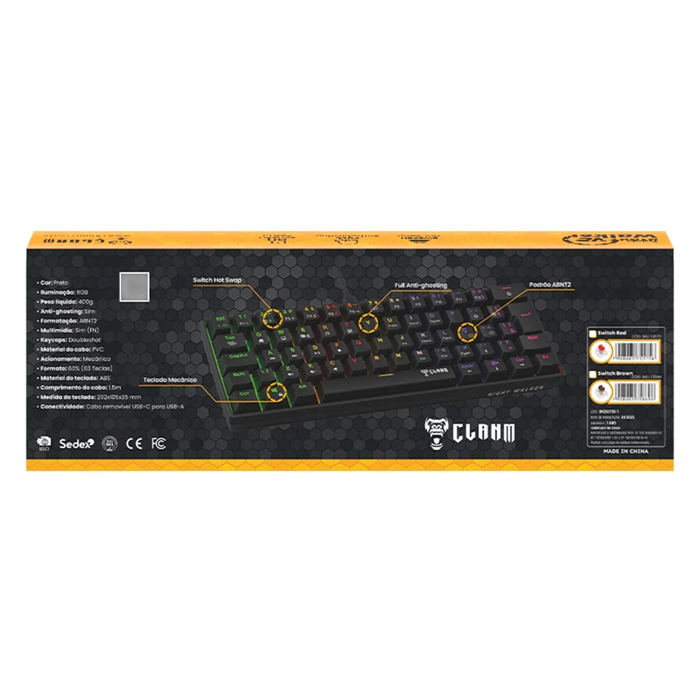 Imagem 3 de 5 do produto Teclado Mecânico RGB 60% Gamer Jogos Switch Brown Tkl Night Walker V2 Clanm