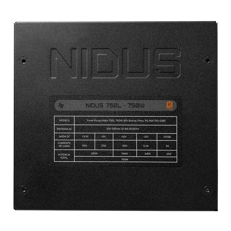 Imagem 2 de 5 do produto Fonte Pichau Nidus 750l, 750w, 80 Plus Bronze, Pfc Ativo, Preta, Pg-ndl750-01br