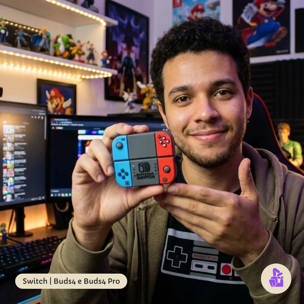 Imagem 4 de 5 do produto Capa Protetora Nerdcase Compatível Com Samsung Galaxy Buds 4, Buds 4 Pro, Silicone, Vídeo Game Nintendo