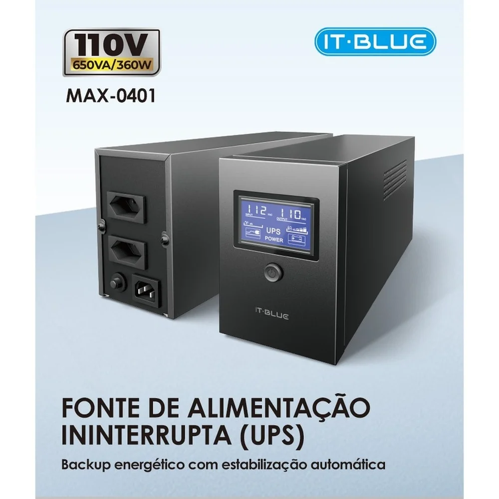 Imagem 2 de 3 do produto Nobreak 650va 360w Lcd Ups Estabilizador Bateria Para Computador Roteador Impressora 110v Max-0401