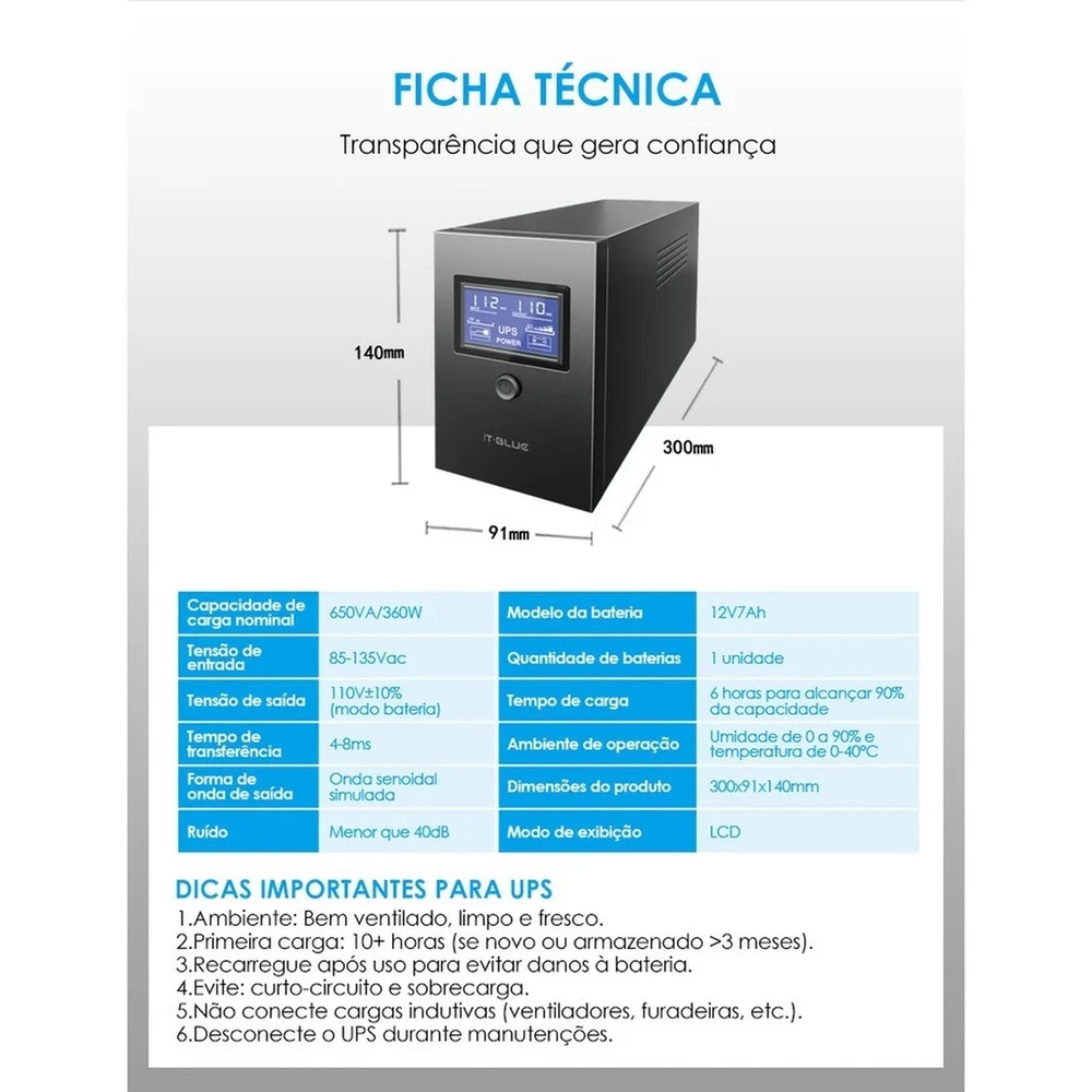 Imagem 3 de 3 do produto Nobreak 650va 360w Lcd Ups Estabilizador Bateria Para Computador Roteador Impressora 110v Max-0401