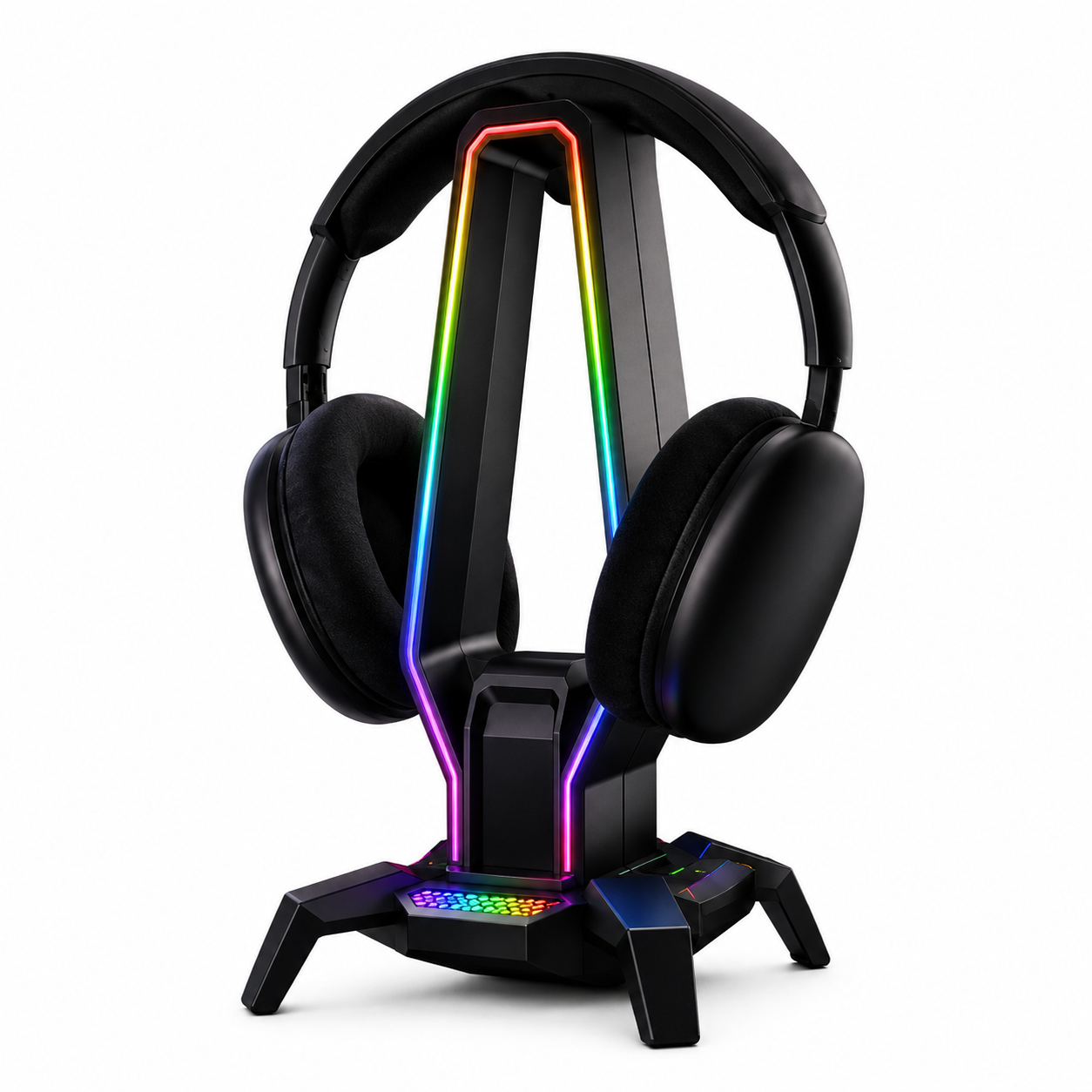 Suporte Headset Com Hub Usb Tipo C P2 LED RGB Luz Ambiente Para Mesa Gamer PC Celular Le-197