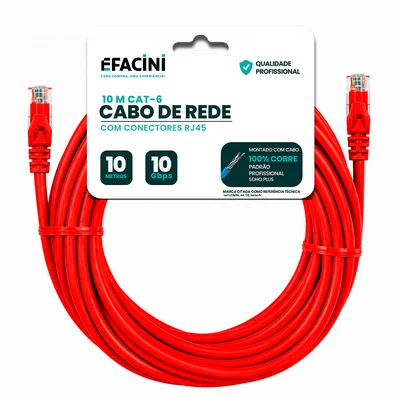 Cabo De Rede Efacini Vermelho Cat6 Ef-Connect 100% Cobre, Anatel 10 Metros