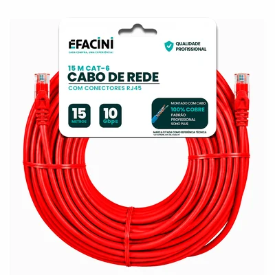 Cabo De Rede Efacini Vermelho Cat6 Ef-Connect 100% Cobre, Anatel 15 Metros