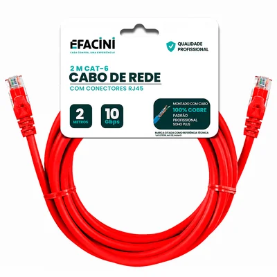 Cabo De Rede Efacini Vermelho Cat6 Ef-Connect 100% Cobre, Anatel 2 Metros