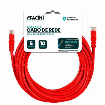 Cabo De Rede Efacini Vermelho Cat6 Ef-Connect 100% Cobre, Anatel 5 Metros