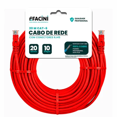 Cabo De Rede Efacini Vermelho Cat6 Ef-Connect 100% Cobre, Anatel 20 Metros