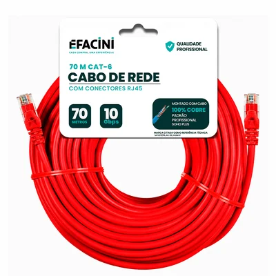 Cabo De Rede Efacini Vermelho Cat6 Ef-Connect 100% Cobre, Anatel 70 Metros