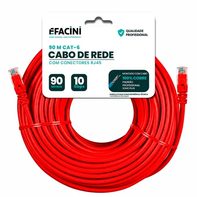 Cabo De Rede Efacini Vermelho Cat6 Ef-Connect 100% Cobre, Anatel 90 Metros