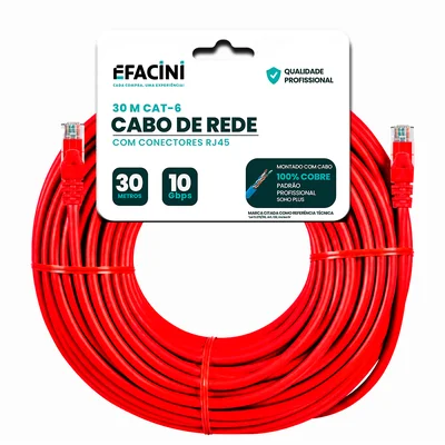 Cabo De Rede Efacini Vermelho Cat6 Ef-Connect 100% Cobre, Anatel 30 Metros