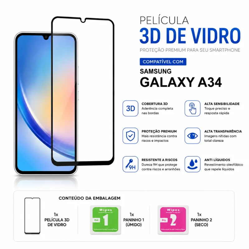 Imagem 2 de 5 do produto Película 3d De Vidro Compatível Com Samsung Galaxy A34 – Proteção Premium Tela Inteira