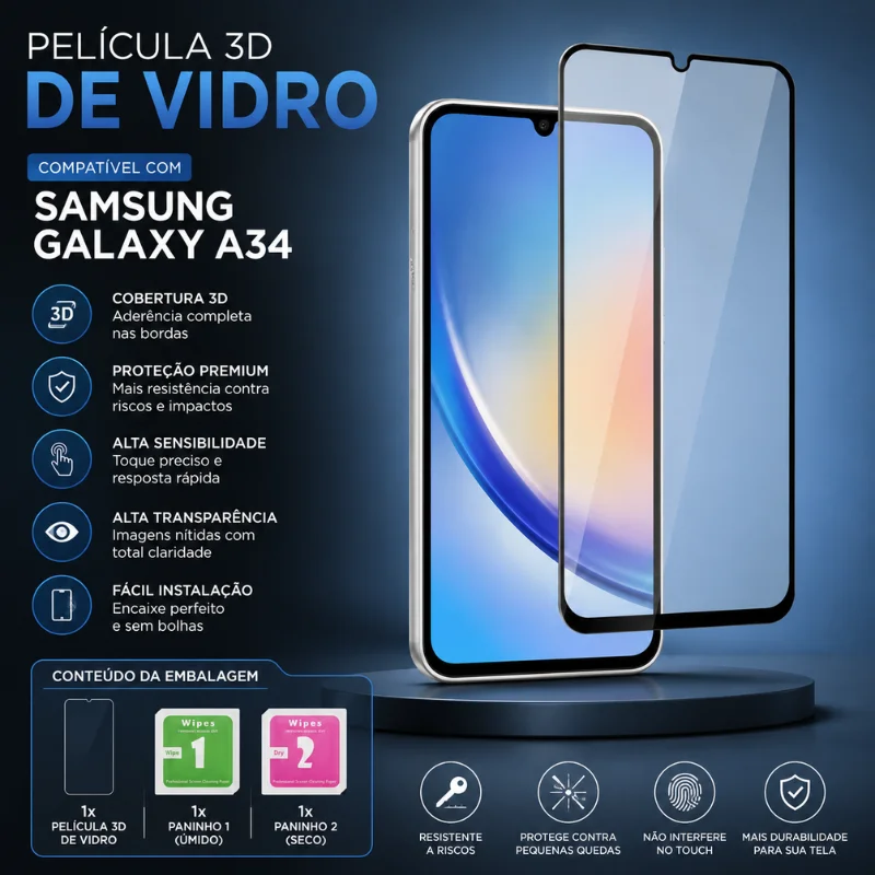 Imagem 4 de 5 do produto Película 3d De Vidro Compatível Com Samsung Galaxy A34 – Proteção Premium Tela Inteira