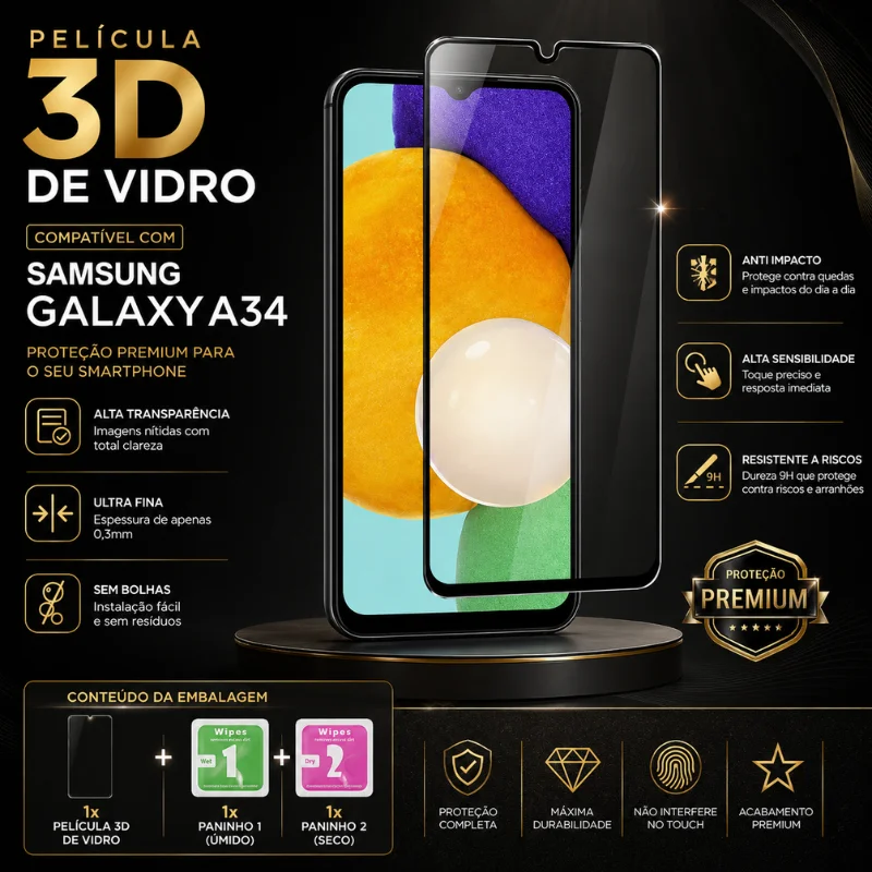 Imagem 5 de 5 do produto Película 3d De Vidro Compatível Com Samsung Galaxy A34 – Proteção Premium Tela Inteira