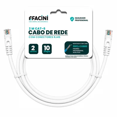 Cabo De Rede Efacini Branco Cat6 Ef-Connect 100% Cobre, Anatel 2 Metros