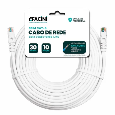 Cabo De Rede Efacini Branco Cat6 Ef-Connect 100% Cobre, Anatel 30 Metros