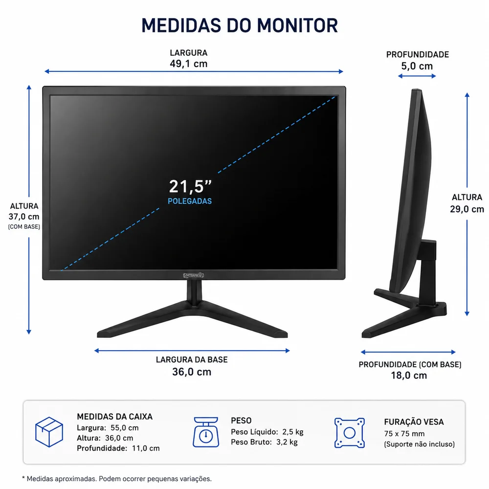 Monitor LED Enterprise, 21.5" Full HD, 75hz, HDMI, VGA, Preto