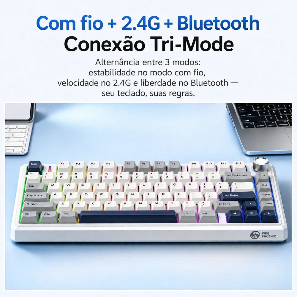 Teclado Mecanico Gamer Sem Fio Tri Mode Bluetooth Fire Phoenix Bk-f75 Pro White And Blue Switch Pink Gold Teclado Mecanico Gamer Sem Fio Tri Mode Bluetooth Fire Phoenix Bk-f75 Pro White And Blue Switch Pink Gold