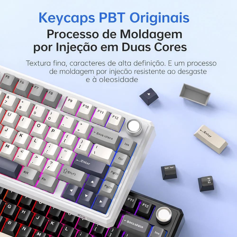 Teclado Mecanico Gamer Sem Fio Tri Mode Bluetooth Fire Phoenix Bk-f75 Pro White And Blue Switch Pink Gold Teclado Mecanico Gamer Sem Fio Tri Mode Bluetooth Fire Phoenix Bk-f75 Pro White And Blue Switch Pink Gold