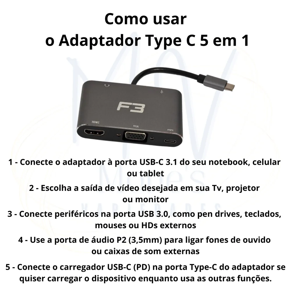 Imagem 3 de 5 do produto Cabo Adaptador 5 Em 1 HDMI Vga Usb-c 3.1 Áudio