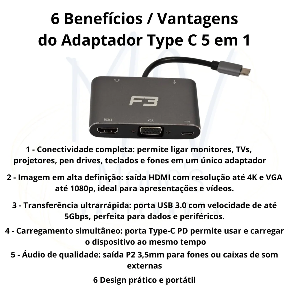 Imagem 4 de 5 do produto Cabo Adaptador 5 Em 1 HDMI Vga Usb-c 3.1 Áudio