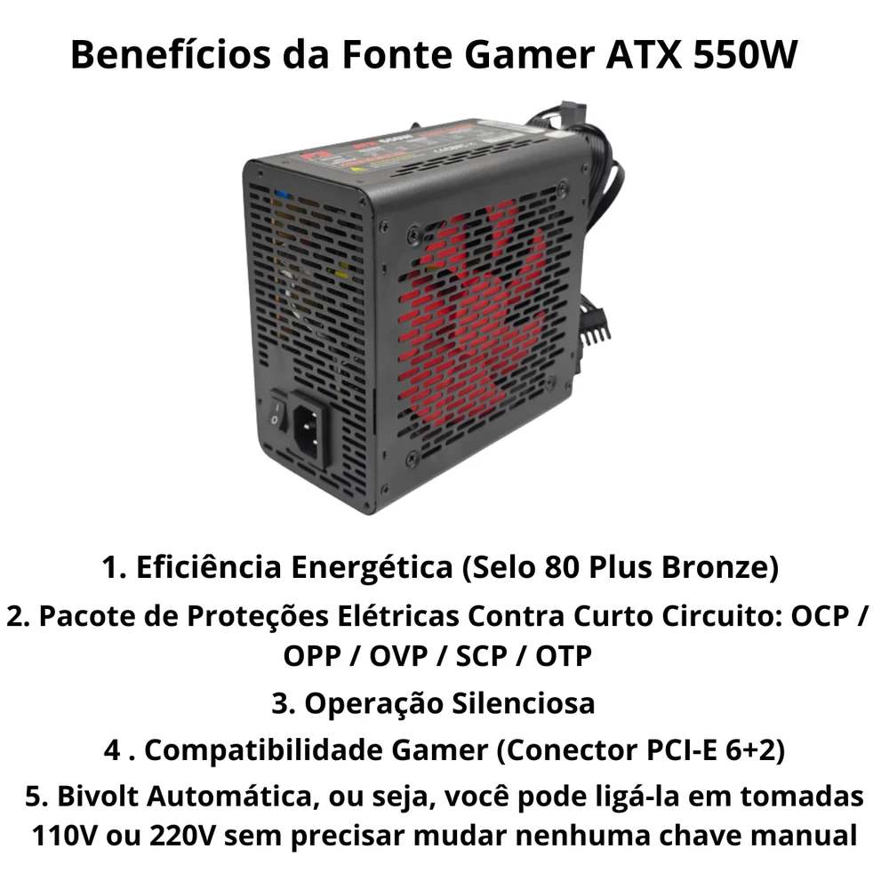 Imagem 4 de 5 do produto Fonte Gamer Atx 550w  80 Plus Bronze Com Cabo Ft8-550