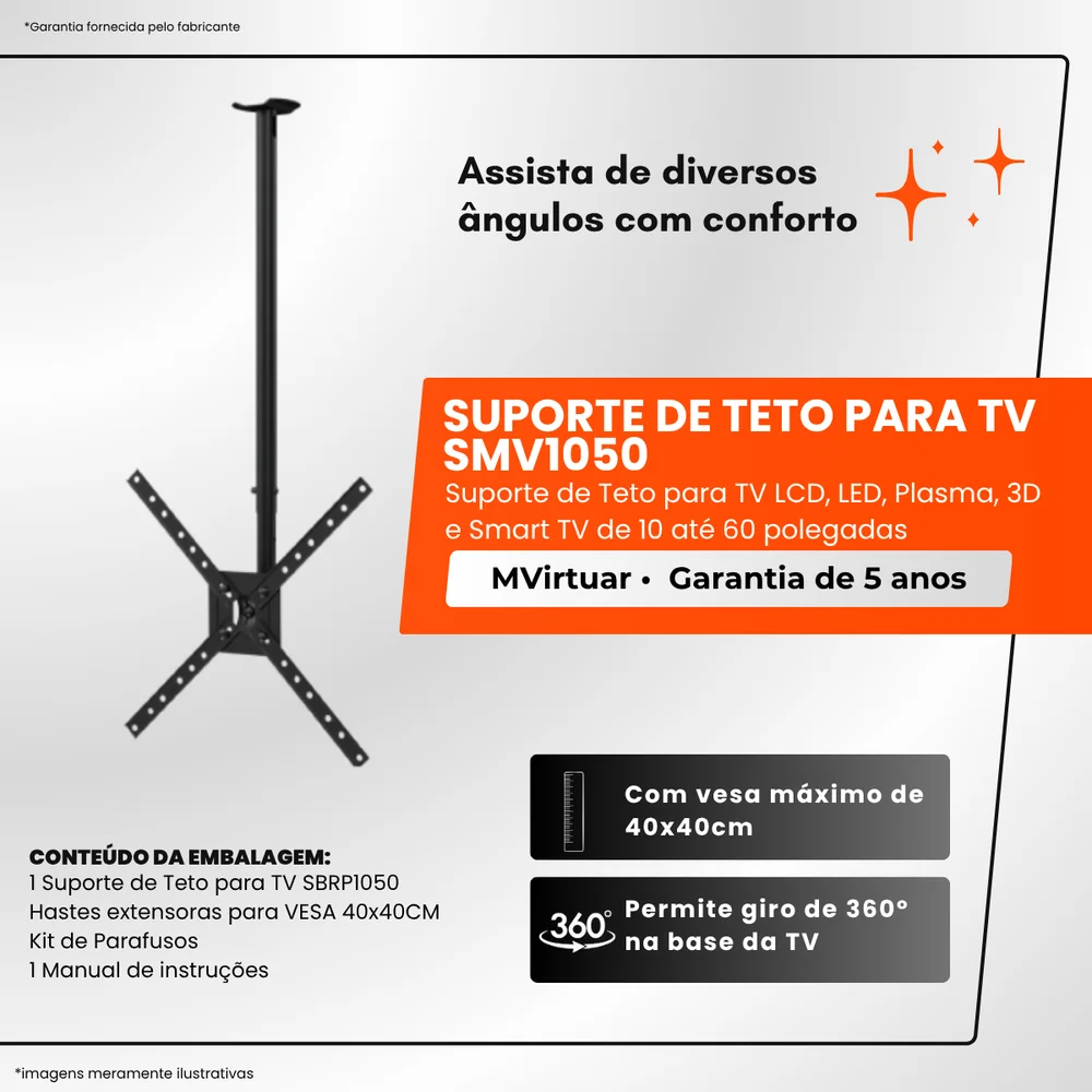 Imagem 4 de 5 do produto Suporte De Teto Para Tv 10'' Até 60'' Com Ajuste De Ângulos E Giro 360º Mvirtuar Smv1050