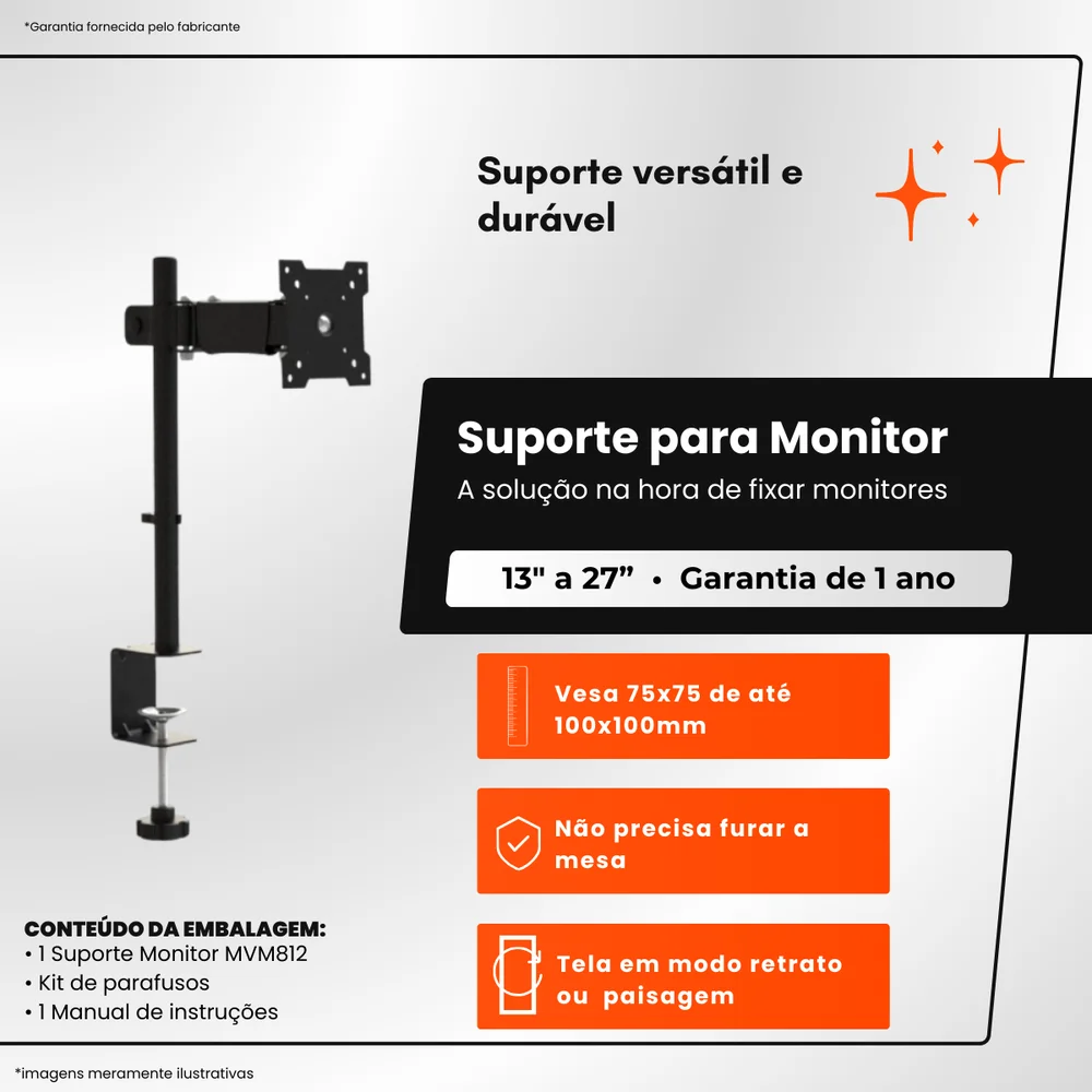 Imagem 4 de 5 do produto Suporte Articulado Para Monitor LED E Lcd De 13'' A 27” Preto Mvirtuar- Mvm812
