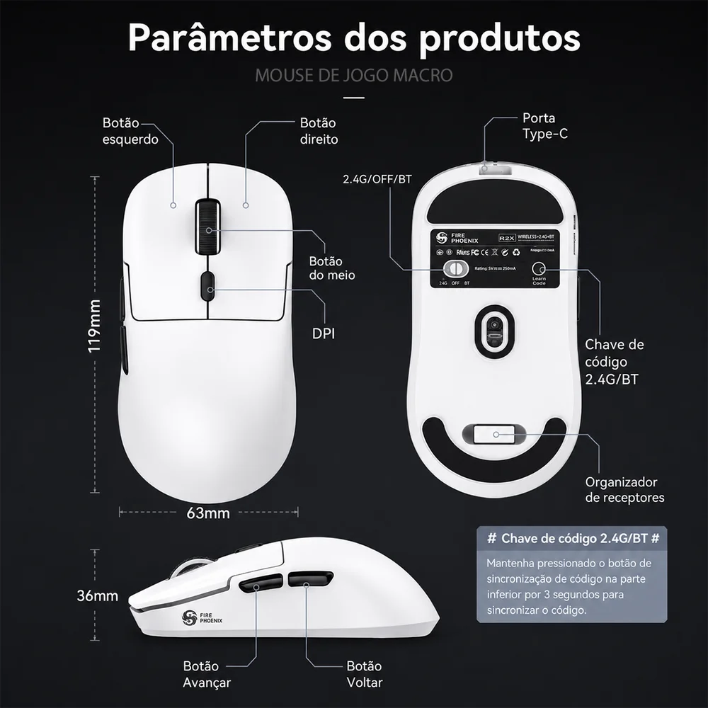 Imagem 4 de 5 do produto Mouse Gamer Sem Fio Tri Mode Bluetooth 24000 Dpi 500 Mah Paw3311 Fire Phoenix Bk-r2x Branco