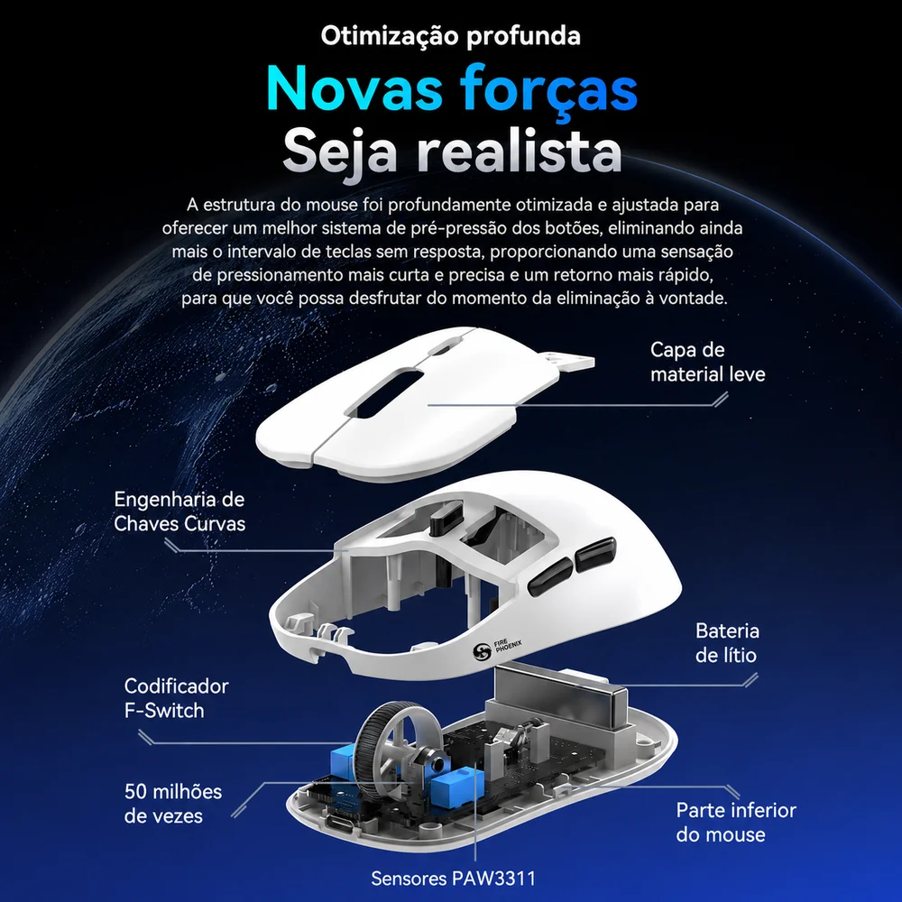 Imagem 5 de 5 do produto Mouse Gamer Sem Fio Tri Mode Bluetooth 24000 Dpi 500 Mah Paw3311 Fire Phoenix Bk-r2x Branco