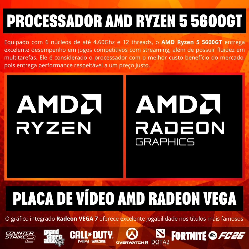 PC Gamer Amd Ryzen 5 5600gt, 16gb Ddr4, Placa De Vídeo Radeon, SSD 256gb Nvme M.2, Gabinete Aquário Branco Com 5 Fans - Bluepc Lumini Pgbp-lum106 - view 4