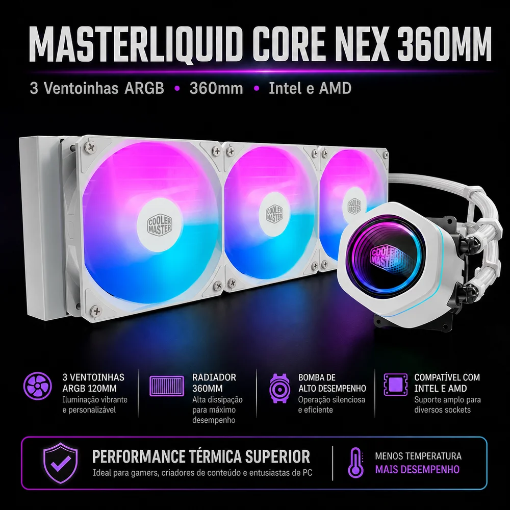 Imagem 2 de 4 do produto Water Cooler Cooler Master Masterliquid Core Nex, ARGB, 360mm, Intel-amd, Branco, Mlx-d36m-a18pa-rw