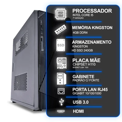 Computador Desktop, Intel Core i5 7ª Geração, 4gb Ram Kingston, SSD Kingston 240GB, Conexões Usb/vga/hdmi/lan/som