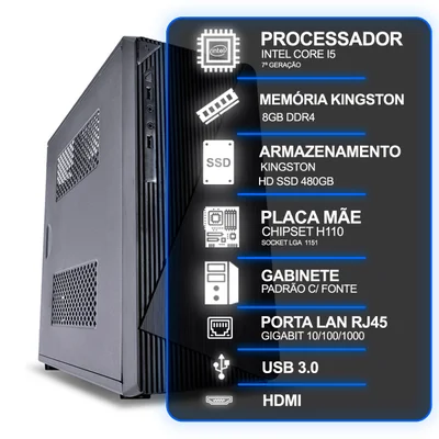 Computador Desktop, Intel Core i5 7ª Geração, 8GB Ram Kingston, SSD Kingston 480GB, Conexões Usb/vga/hdmi/lan/som