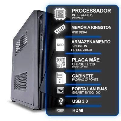 Computador Desktop, Intel Core i5 9ª Geração, 8GB Ram Kingston, SSD Kingston 240GB, Conexões Usb/vga/hdmi/lan/som