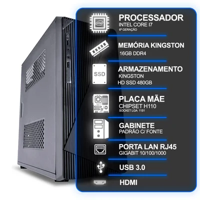 Computador Desktop, Intel Core i7 6ª Geração, 16gb Ram Kingston, SSD Kingston 480GB, Conexões Usb/vga/hdmi/lan/som