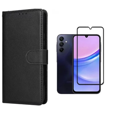 Capa Carteira Flip Preta + Película 3d De Vidro Para Samsung Galaxy A15