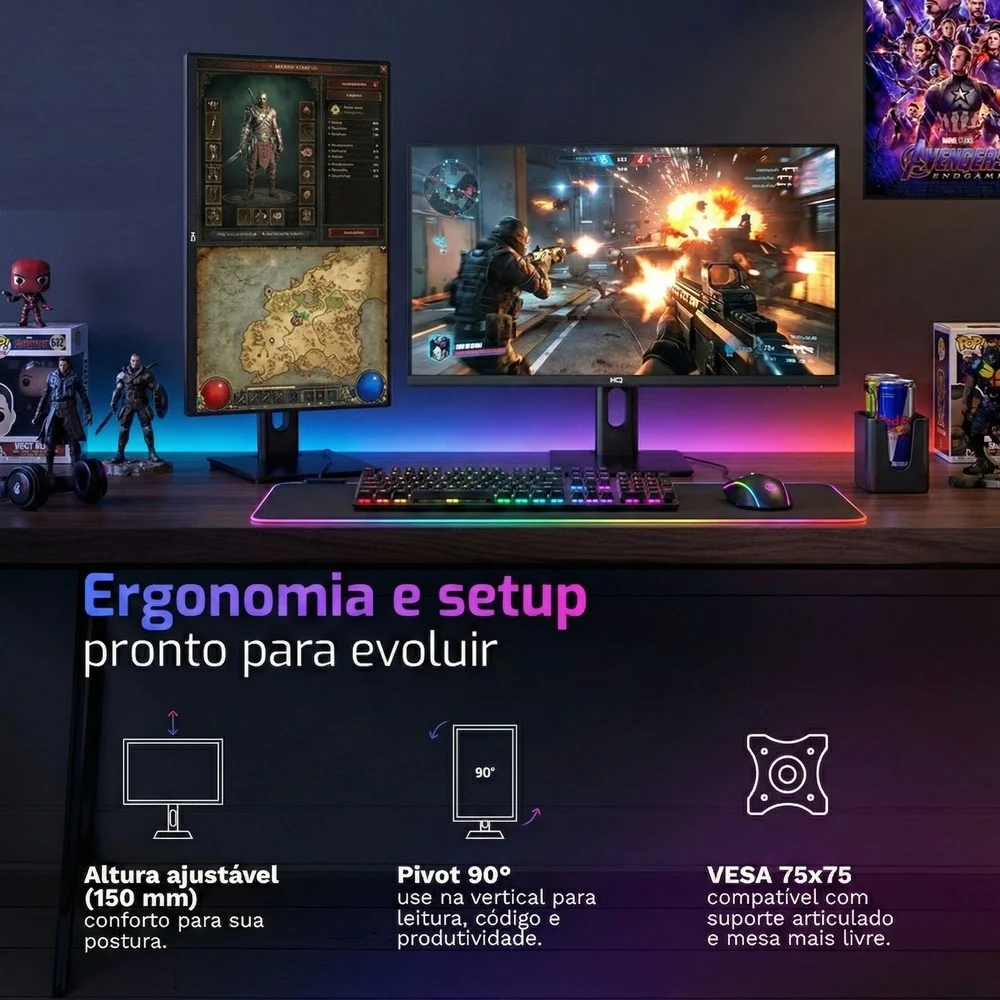 Imagem 2 de 5 do produto Monitor Gamer Hq 27”, Ips, 1ms, Qhd 2560x1440, Ergonômico, Ajuste De Altura E Rotação, HDMI, Dp,vesa, Frameless Hq27aj75g