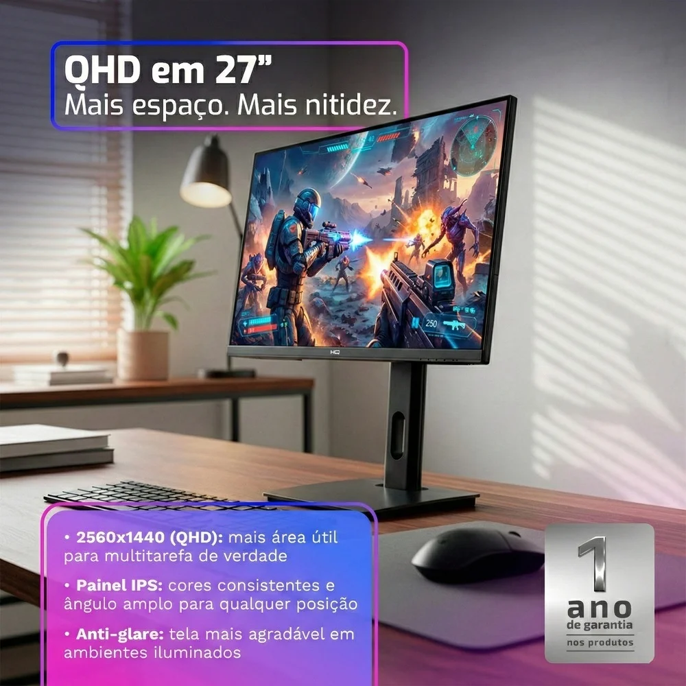 Imagem 4 de 5 do produto Monitor Gamer Hq 27”, Ips, 1ms, Qhd 2560x1440, Ergonômico, Ajuste De Altura E Rotação, HDMI, Dp,vesa, Frameless Hq27aj75g